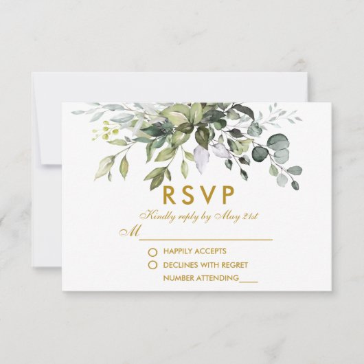 Elegant Watercolor Greenerity Wedding Gold RSVP Karte (Vorderseite)