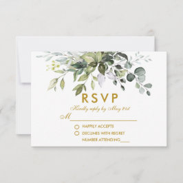 Elegant Watercolor Greenerity Wedding Gold RSVP Karte