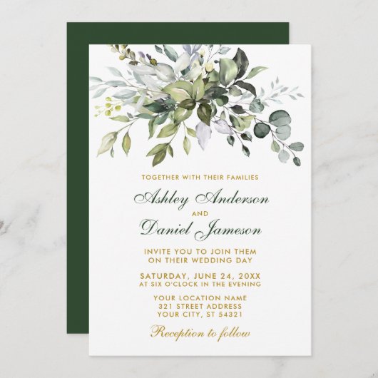 Elegant Watercolor Greenerity Wedding Green Gold Einladung (Vorne/Hinten)