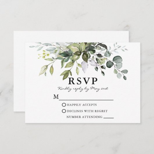 Elegant Watercolor Greenerity Wedding RSVP Karte (Vorne/Hinten)