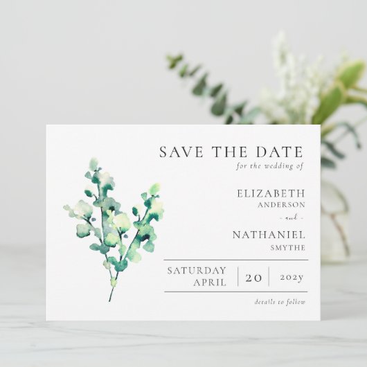 Elegant Watercolor Greenerity Wedding Save The Date (Stehend Vorderseite)