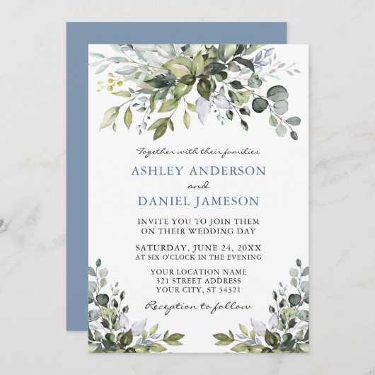 Elegant Watercolor Greenery Dusty Blue Wedding Einladung (Vorne/Hinten)