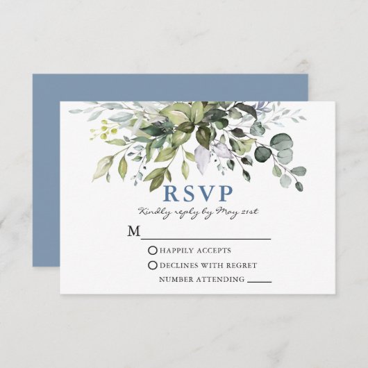 Elegant Watercolor Greenery Dusty Blue Wedding RSVP Karte (Vorne/Hinten)