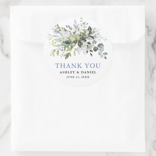 Elegant Watercolor Greenery Dusty Blue Wedding Runder Aufkleber (Tasche)