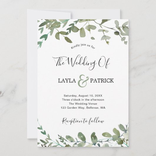 Elegant Watercolor Greenery Eucalyptus Wedding Einladung (Vorderseite)