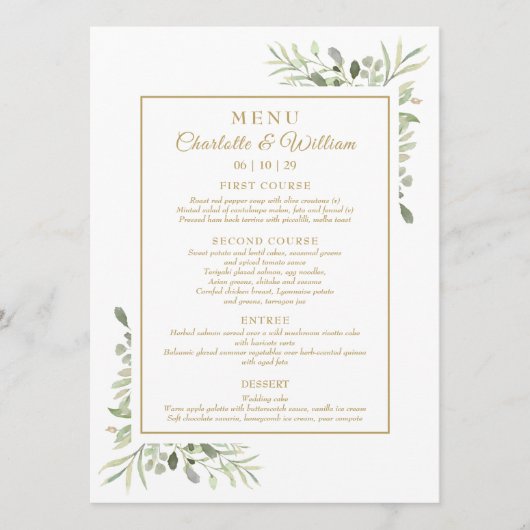 Elegant Watercolor Greenery Gold Dinner Menu Menükarte (Vorderseite)