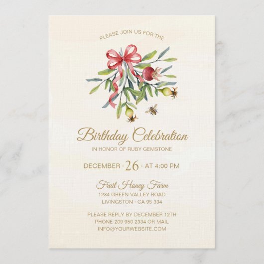 Elegant Watercolor Greenery Pomegranate Birthday Einladung (Vorderseite)