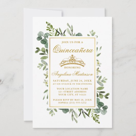 Elegant Watercolor Greenery Quinceanera Gold Einladung (Vorderseite)