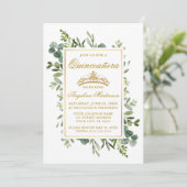 Elegant Watercolor Greenery Quinceanera Gold Einladung (Stehend Vorderseite)
