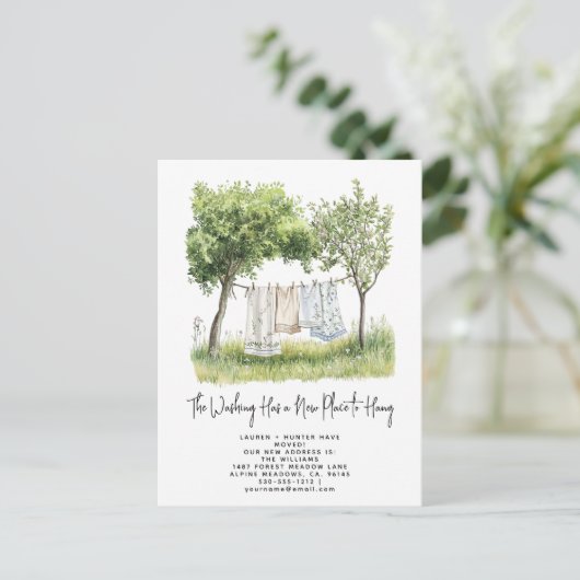 Elegant Watercolor Greenery Washing Line Moving Ankündigungspostkarte (Stehend Vorderseite)