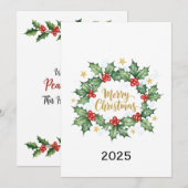 Elegant Watercolor Holly Merry Christmas Einladung (Vorne/Hinten)