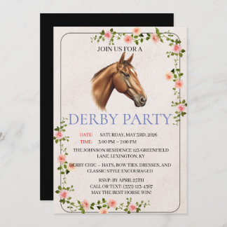 Elegant Watercolor Horse Floral Derby Party Invite Einladung