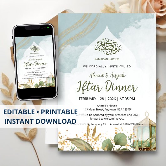 Elegant Watercolor Iftar Invitation Gold Leaves Einladung