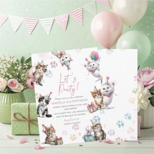 Elegant Watercolor Kitten Cat 2nd Birthday invit Einladung