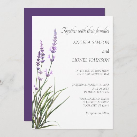 Elegant Watercolor Lavender Wedding  Einladung (Vorne/Hinten)
