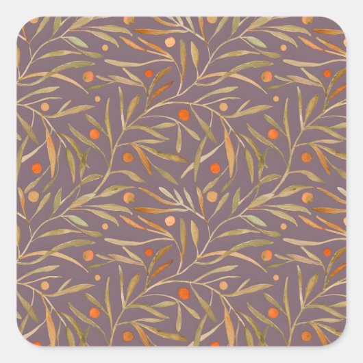 Elegant Watercolor Leaf Pattern  Purple Background Quadratischer Aufkleber (Vorderseite)