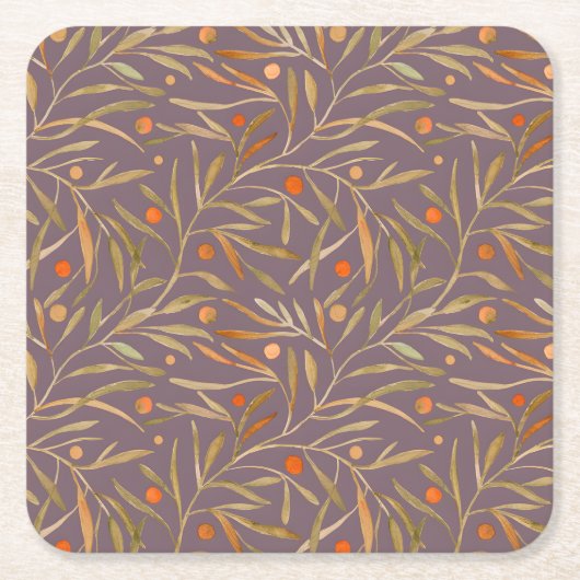 Elegant Watercolor Leaf Pattern  Purple Background Rechteckiger Pappuntersetzer (Vorderseite)