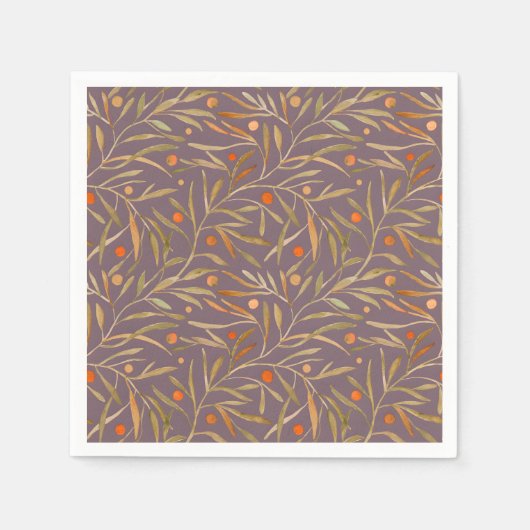 Elegant Watercolor Leaf Pattern  Purple Background Serviette (Vorderseite)