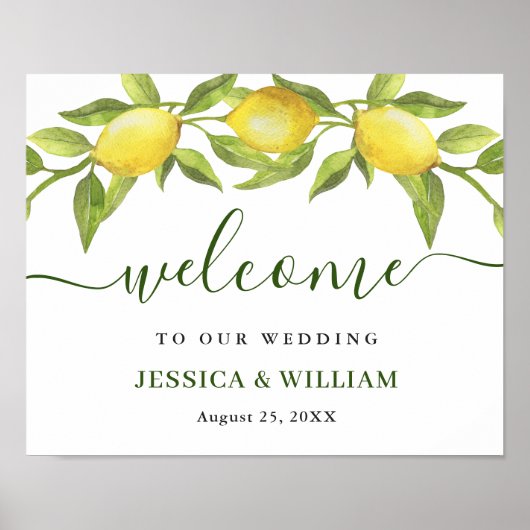 Elegant Watercolor Lemons Grüne Hochzeit Willkomme Poster (Vorne)