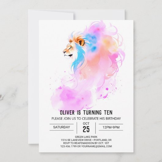 Elegant Watercolor Lion Birthday Einladung (Vorderseite)