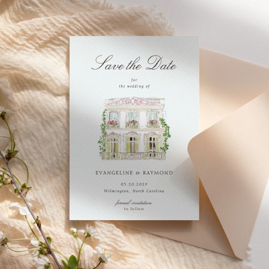 Elegant Watercolor Manor Photo Save The Date Card