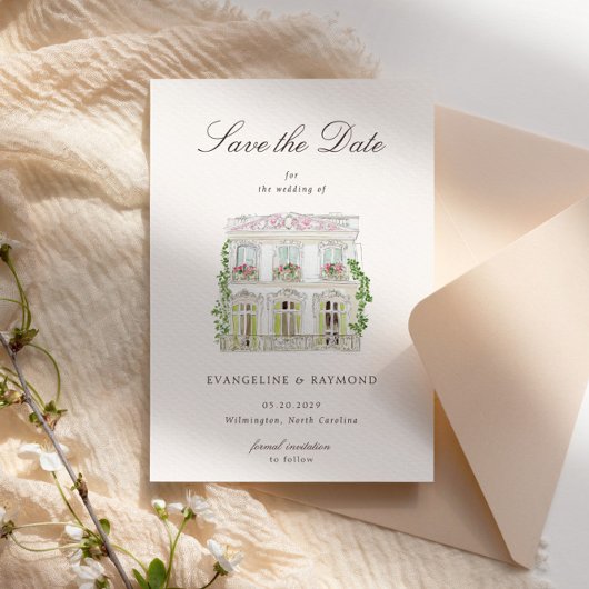 Elegant Watercolor Manor Photo Save The Date Card