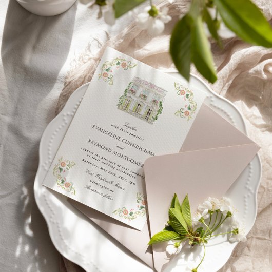 Elegant Watercolor Manor Rococo Wedding Einladung