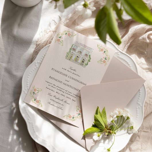 Elegant Watercolor Manor Rococo Wedding Einladung