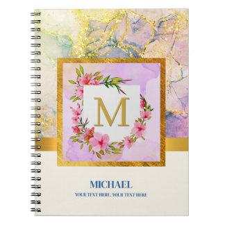 Elegant Watercolor Marble Monogram Floral Gold Notizblock