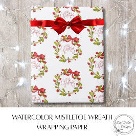 Elegant Watercolor MIstletoe Wreath & Red Bow  Geschenkpapier