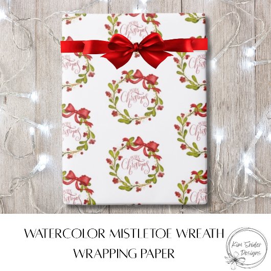 Elegant Watercolor MIstletoe Wreath & Red Bow Geschenkpapier
