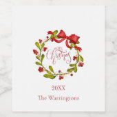 Elegant Watercolor Mistletoe Wreath with Bow Weinetikett (Einzelnes Label)