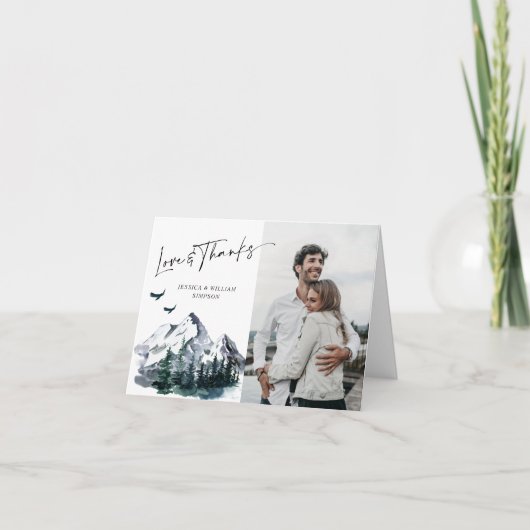 Elegant Watercolor Mountains Forest PHOTO Wedding Dankeskarte (Vorderseite)