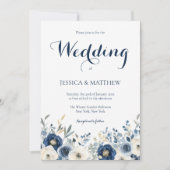 Elegant Watercolor Navy Blue Floral Script Hochzei Einladung (Vorderseite)