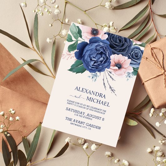 Elegant Watercolor Navy Blue Floral Wedding Invita Einladung