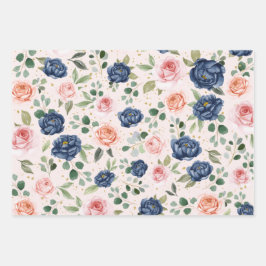 Elegant Watercolor Navy Coral Floral Geschenkpapier Set