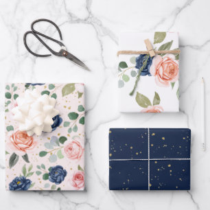 Elegant Watercolor Navy Coral Floral Geschenkpapier Set