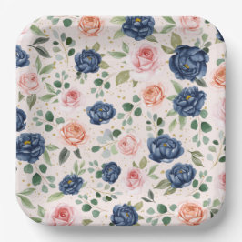 Elegant Watercolor Navy Coral Floral Pappteller