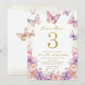 Elegant  Watercolor One 3rd Birthday Butterfly Gir Einladung (Vorne/Hinten)