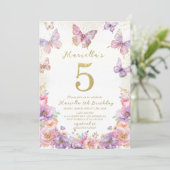 Elegant  Watercolor One 5th Birthday Butterfly Gir Einladung (Stehend Vorderseite)