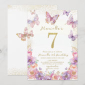 Elegant  Watercolor One 7th Birthday Butterfly Gir Einladung (Vorne/Hinten)