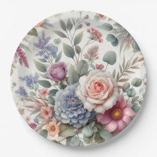 Elegant Watercolor Pastel Floral Roses Paper Plate Pappteller