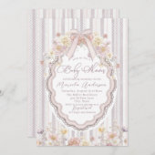 Elegant Watercolor pastel wildflower bow lace Baby Einladung (Vorne/Hinten)