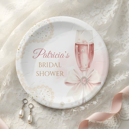 Elegant Watercolor Pearls & Prosecco Bridal Shower Pappteller