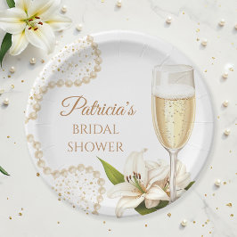 Elegant Watercolor Pearls & Prosecco Bridal Shower Pappteller