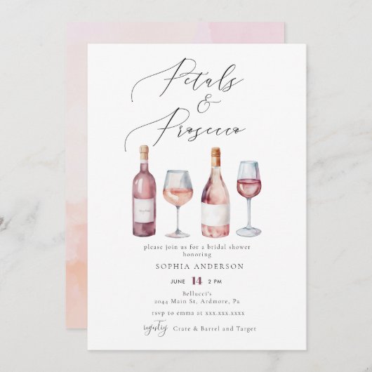 Elegant Watercolor Petals & Prosecco Bridal Shower Einladung (Vorne/Hinten)