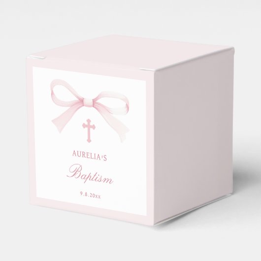 Elegant Watercolor Pink Bow Baptism Cube Geschenkschachtel (Vorderseite)