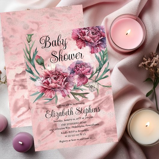 Elegant Watercolor Pink Carnations Baby Shower Einladung