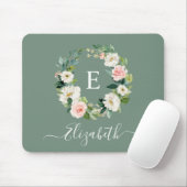 Elegant Watercolor Pink Floral Sage Green Monogram Mousepad (Mit Mouse)
