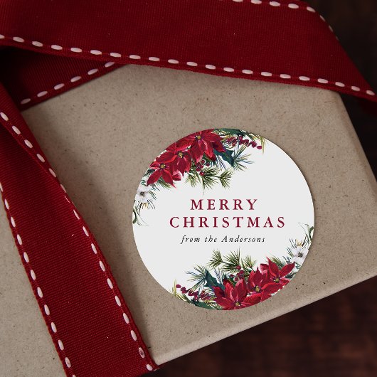 Elegant Watercolor Poinsettia Frohe Weihnachten Runder Aufkleber